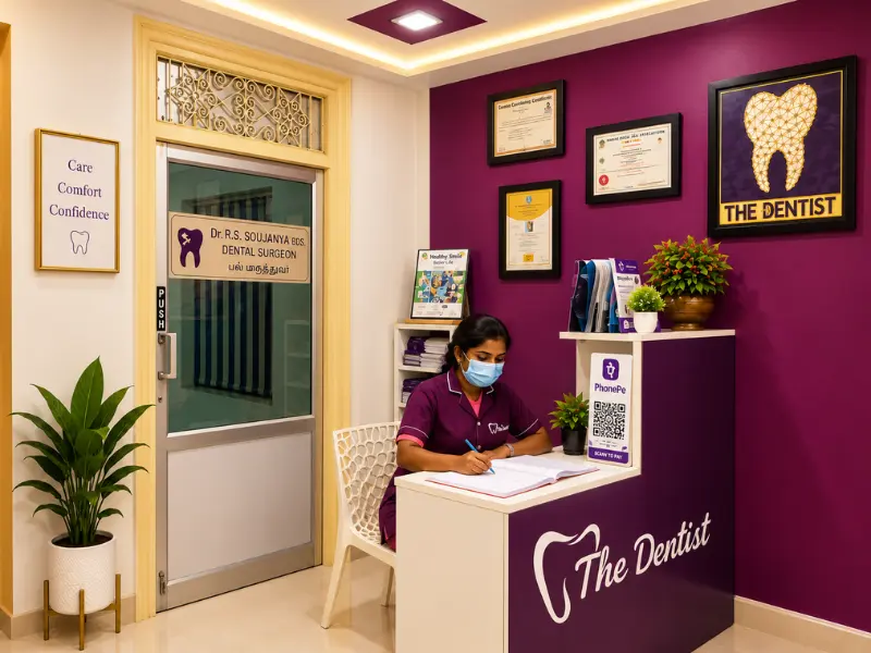 Reception area at Dr Soujanya's dental clinic, Thiruverumbur