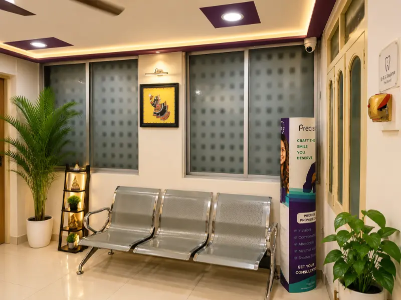 Waiting room view at Dr Soujanya's dental clinic, Thiruverumbur