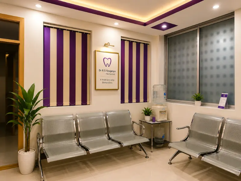 Waiting room at Dr Soujanya's dental clinic, Thiruverumbur