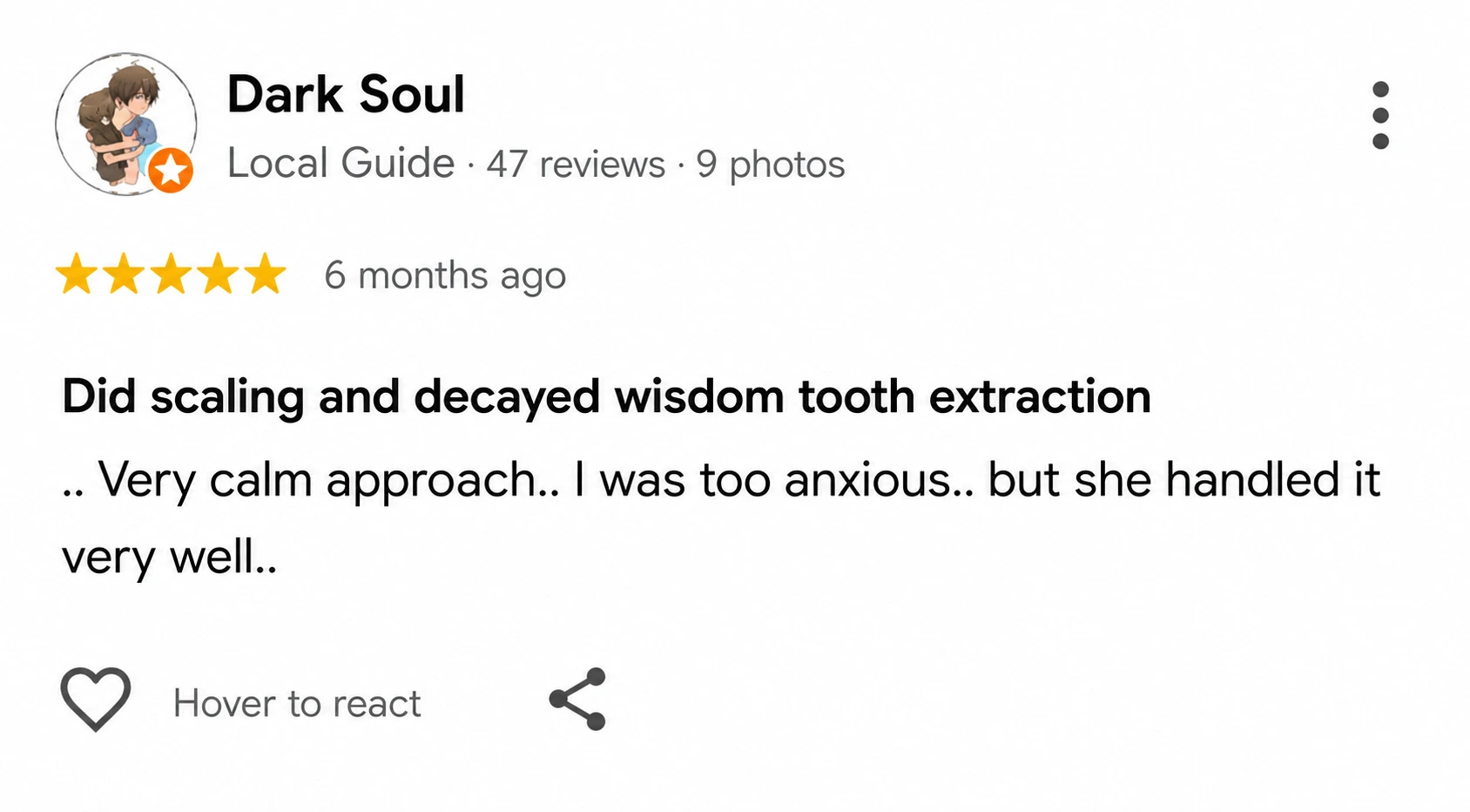 Google Review from patient at Dr. Soujanya's dental clinic, Thiruverumbur