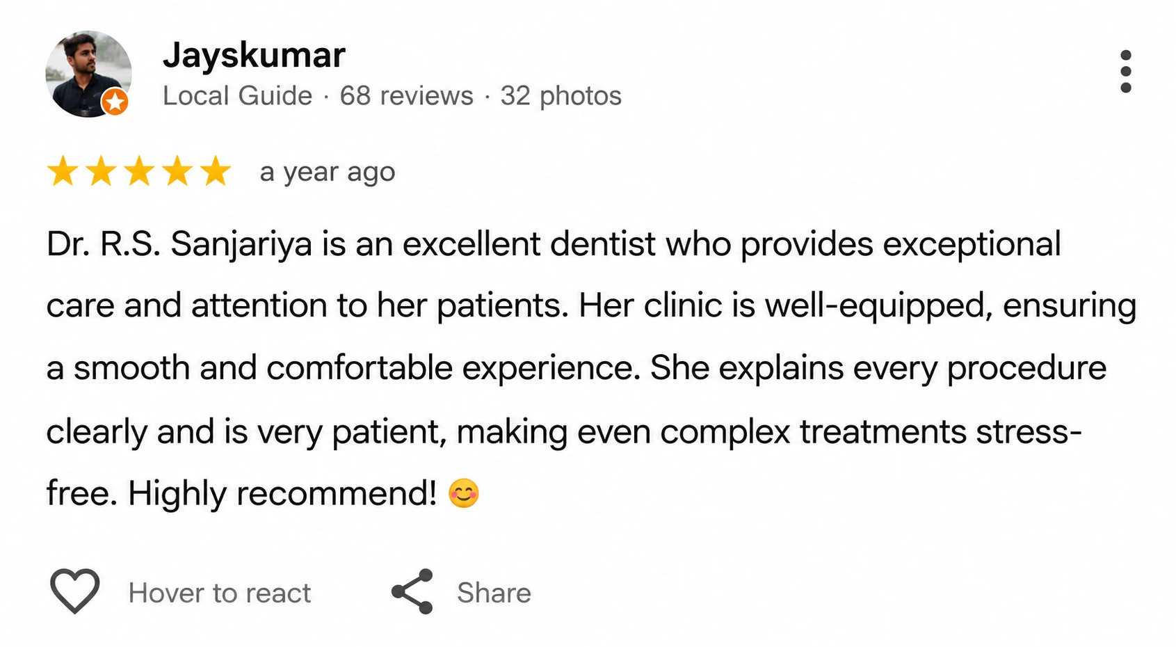 Google Review from patient at Dr. Soujanya's dental clinic, Thiruverumbur
