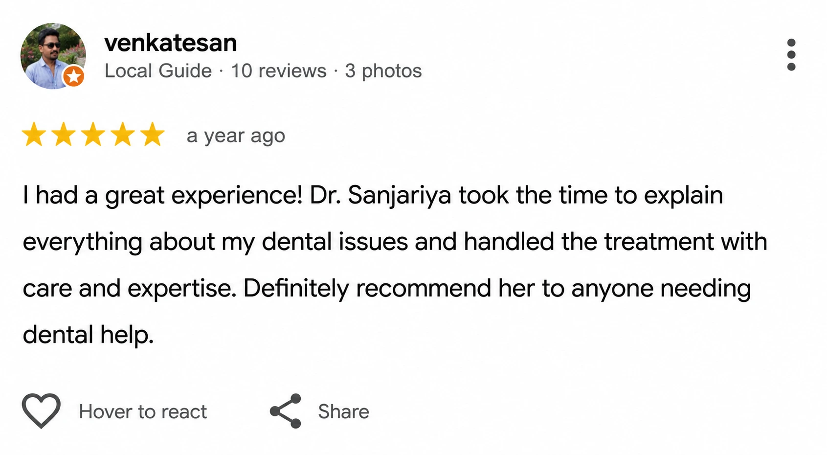 Google Review from patient at Dr. Soujanya's dental clinic, Thiruverumbur