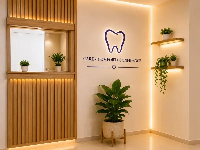 Dental clinic reception area at Dr. Soujanya's clinic, Thiruverumbur